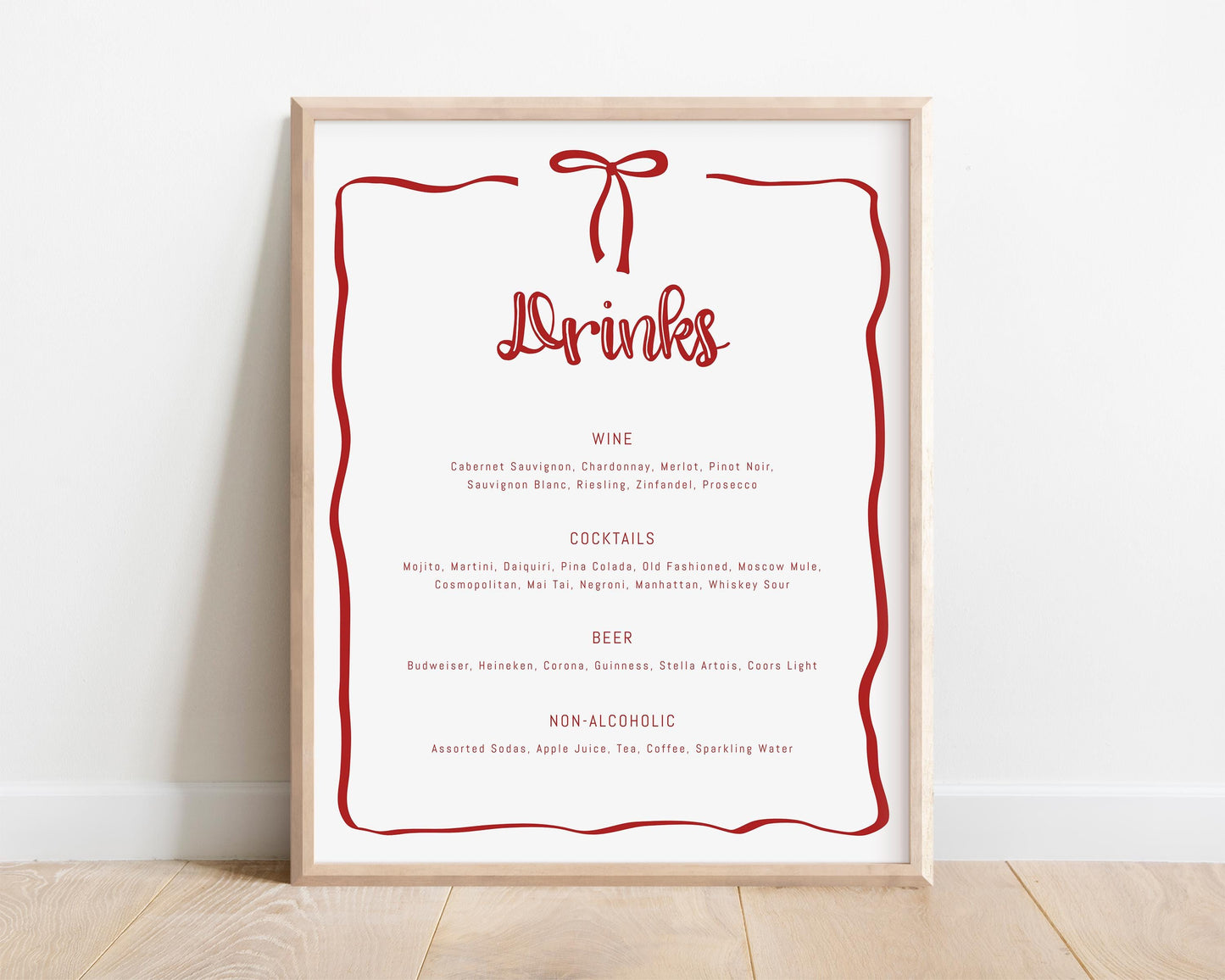 Red Bow Menu - 2 Food and Bar Drink Menu Templates, Christmas Party Menu - Coquette Bow Sign - EDITABLE Templates