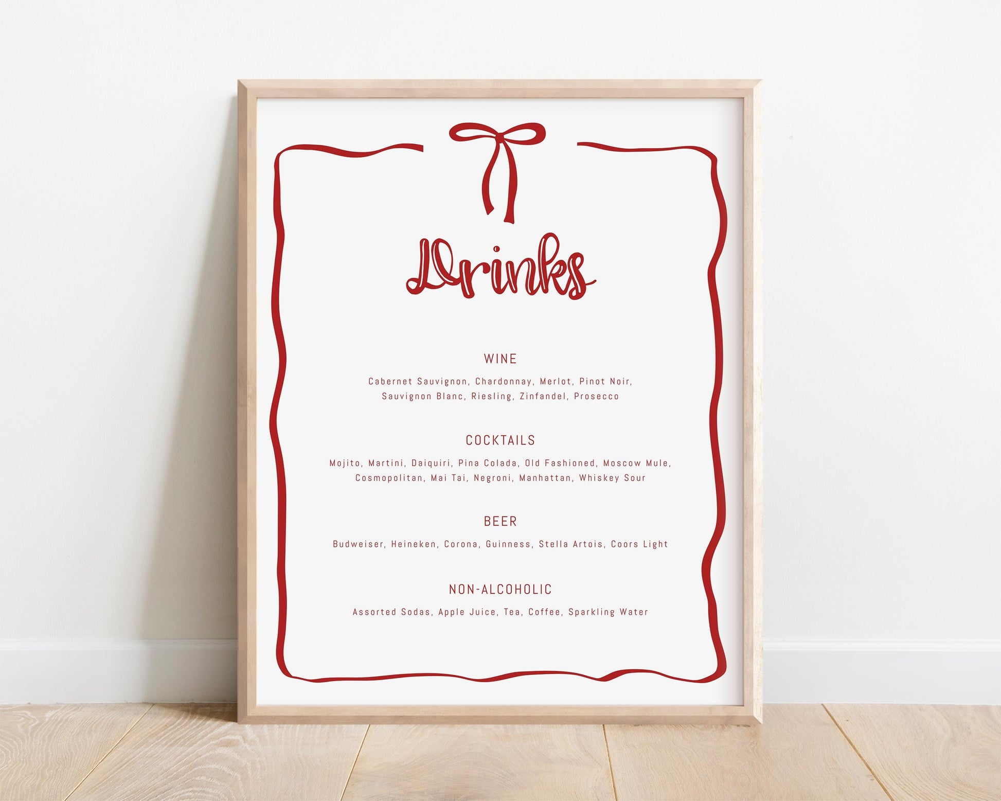 Red Bow Menu - 2 Food and Bar Drink Menu Templates, Christmas Party Menu - Coquette Bow Sign - EDITABLE Templates