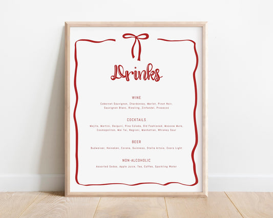 Red Bow Menu - 2 Food and Bar Drink Menu Templates, Christmas Party Menu - Coquette Bow Sign - EDITABLE Templates