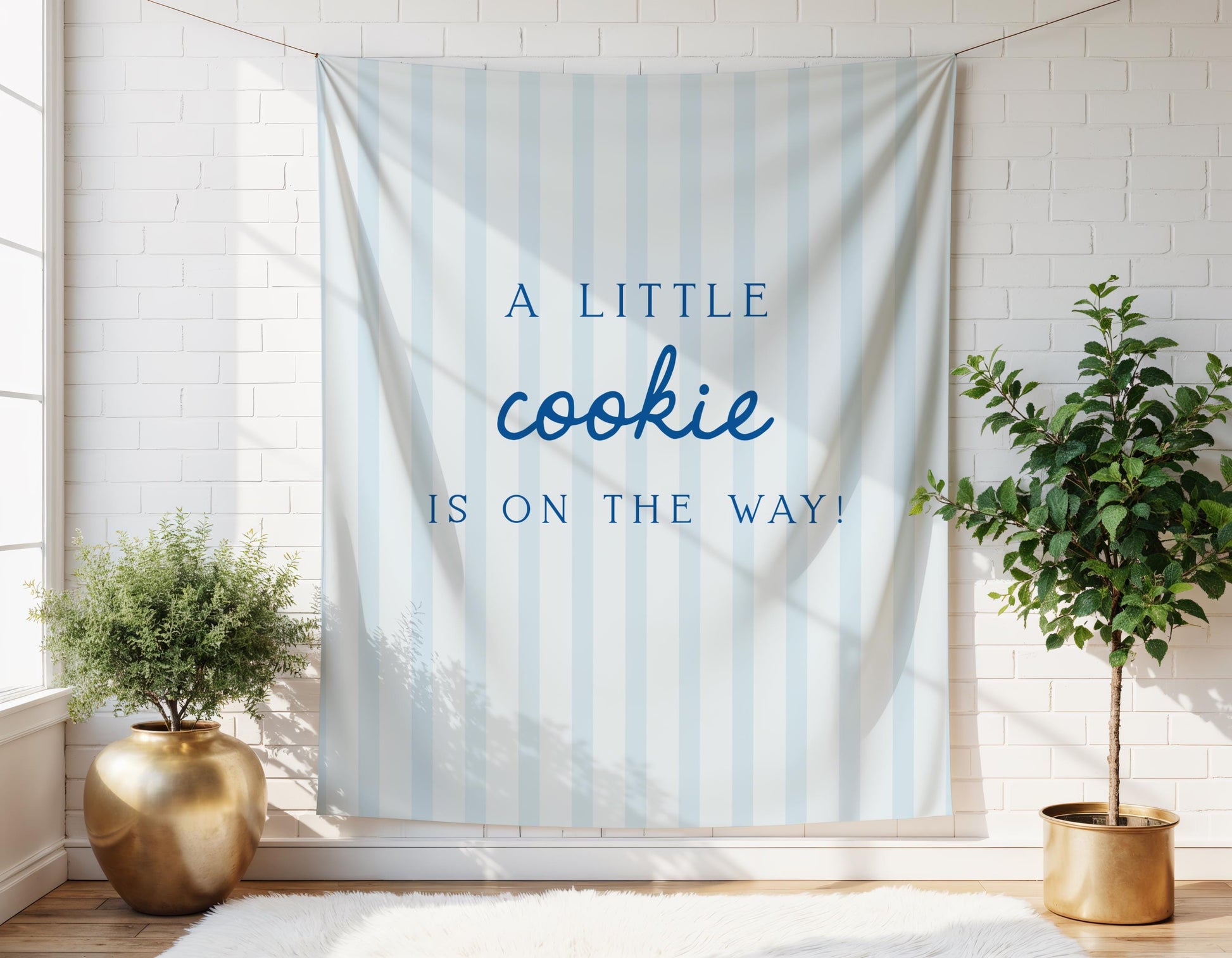 Little Cookie Baby Shower Backdrop | Light Blue Striped Banner | Cookie on the Way Welcome Sign