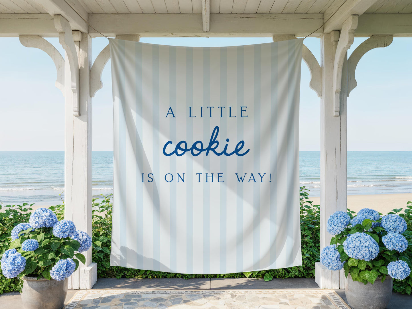Little Cookie Baby Shower Backdrop | Light Blue Striped Banner | Cookie on the Way Welcome Sign