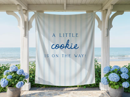 Little Cookie Baby Shower Backdrop | Light Blue Striped Banner | Cookie on the Way Welcome Sign