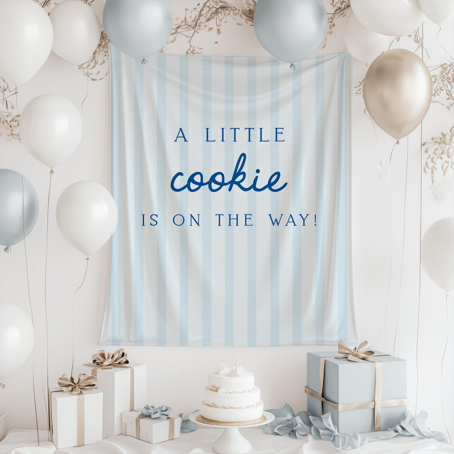 Little Cookie Baby Shower Backdrop | Light Blue Striped Banner | Cookie on the Way Welcome Sign