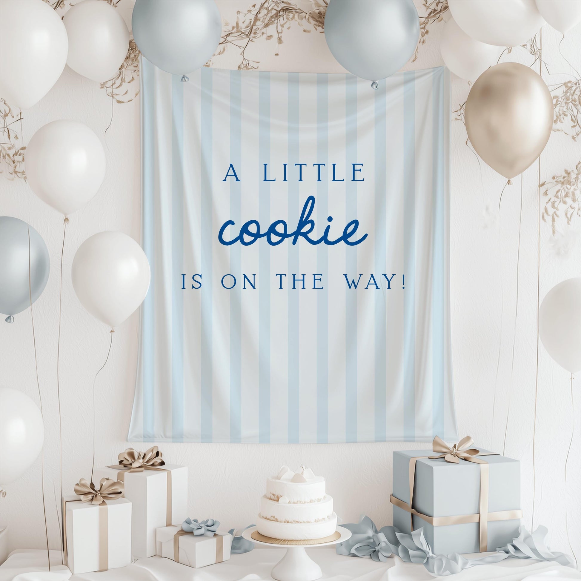 Little Cookie Baby Shower Backdrop | Light Blue Striped Banner | Cookie on the Way Welcome Sign