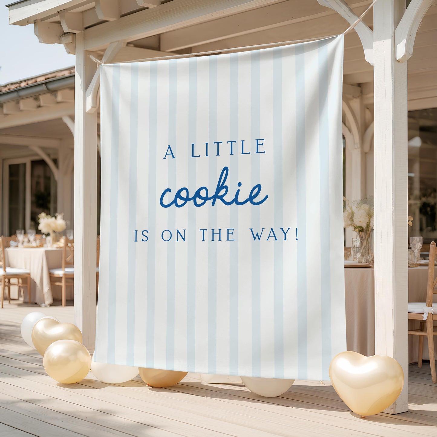 Little Cookie Baby Shower Backdrop | Light Blue Striped Banner | Cookie on the Way Welcome Sign