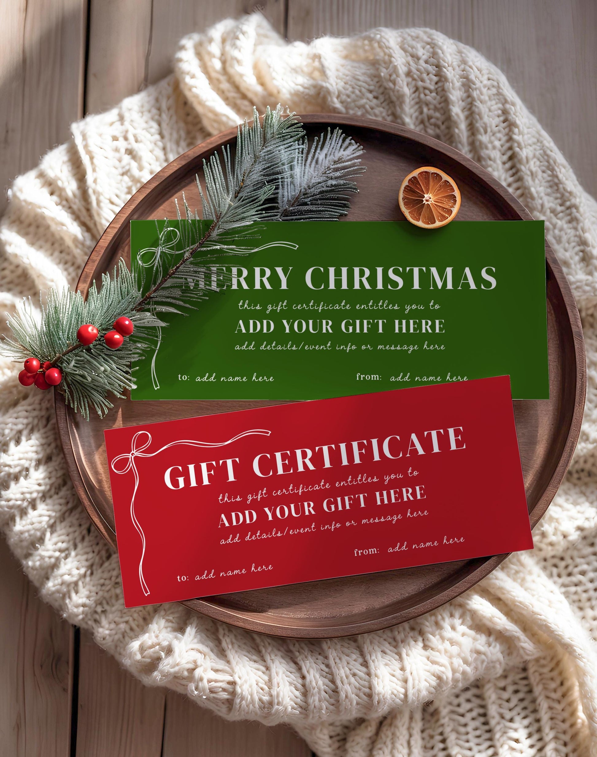 Editable Christmas gift certificate template in red and green displayed on a cozy holiday tray with pine sprigs and knit blanket. Printable Canva holiday gift voucher for last-minute Christmas gifts