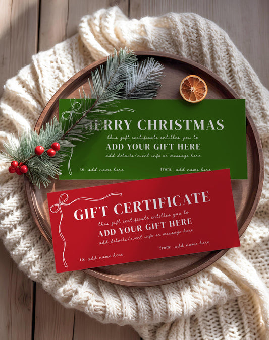 Editable Christmas gift certificate template in red and green displayed on a cozy holiday tray with pine sprigs and knit blanket. Printable Canva holiday gift voucher for last-minute Christmas gifts