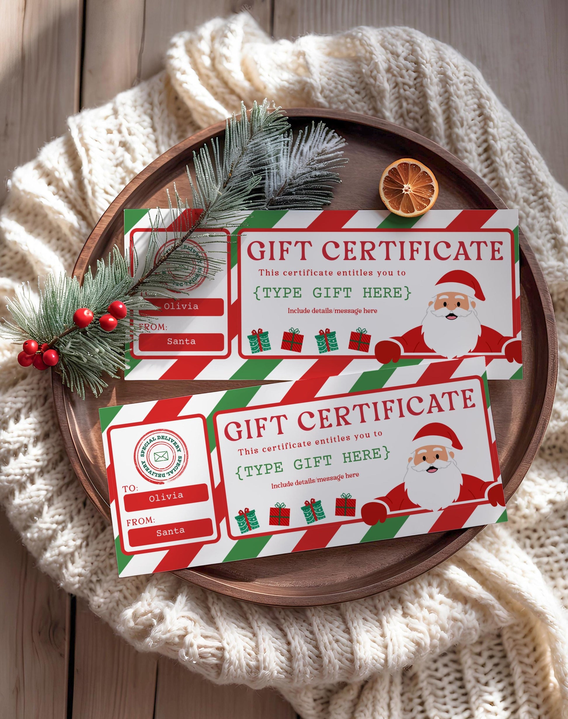 Editable Christmas Gift Certificate, Printable Gift Voucher, Custom Holiday Ticket, Santa Present Coupon for Kids, Canva Template