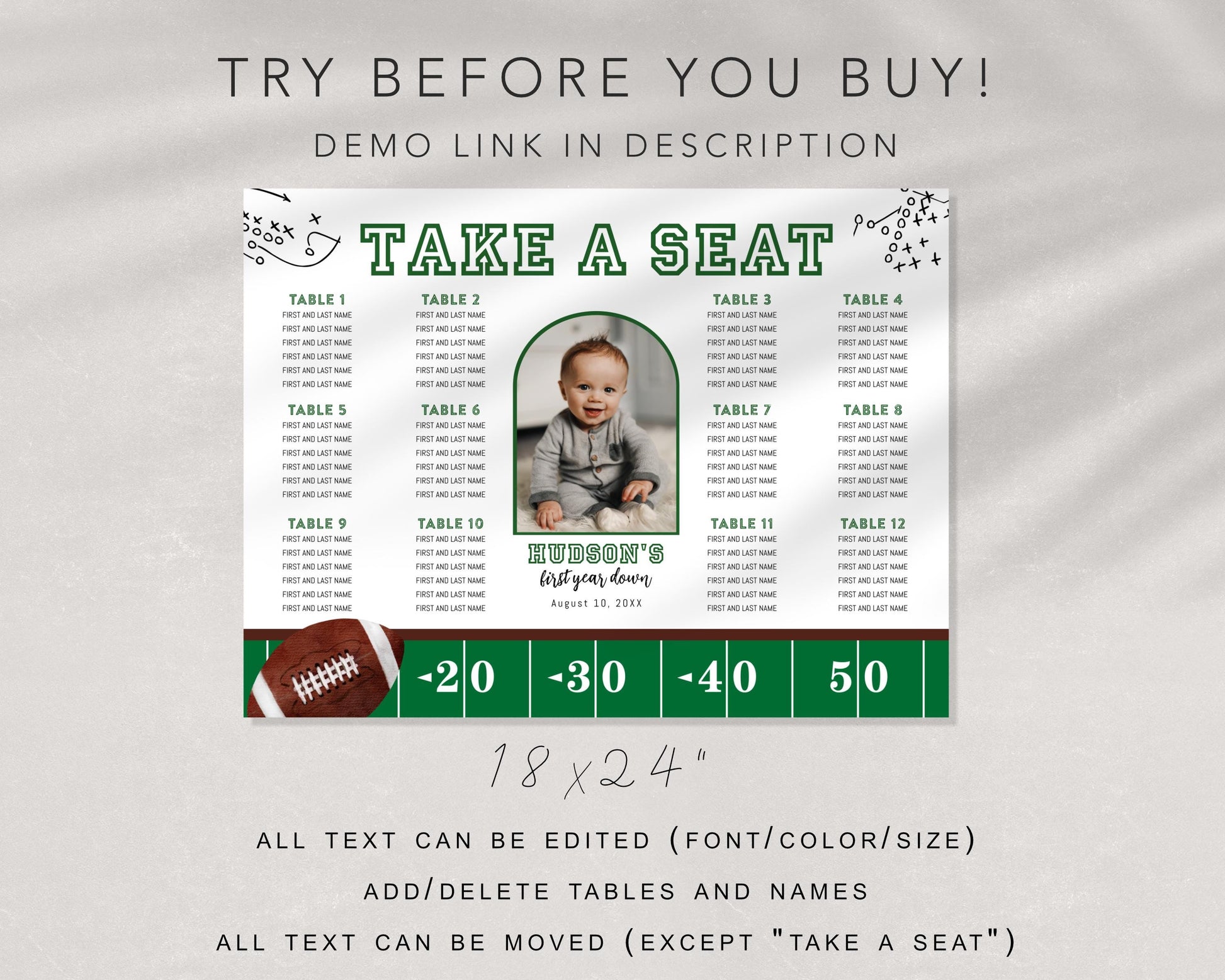 Football Party Seating Chart - First Year Down Birthday Party - Table Seating Chart Arrangement - EDITABLE Template - Printable