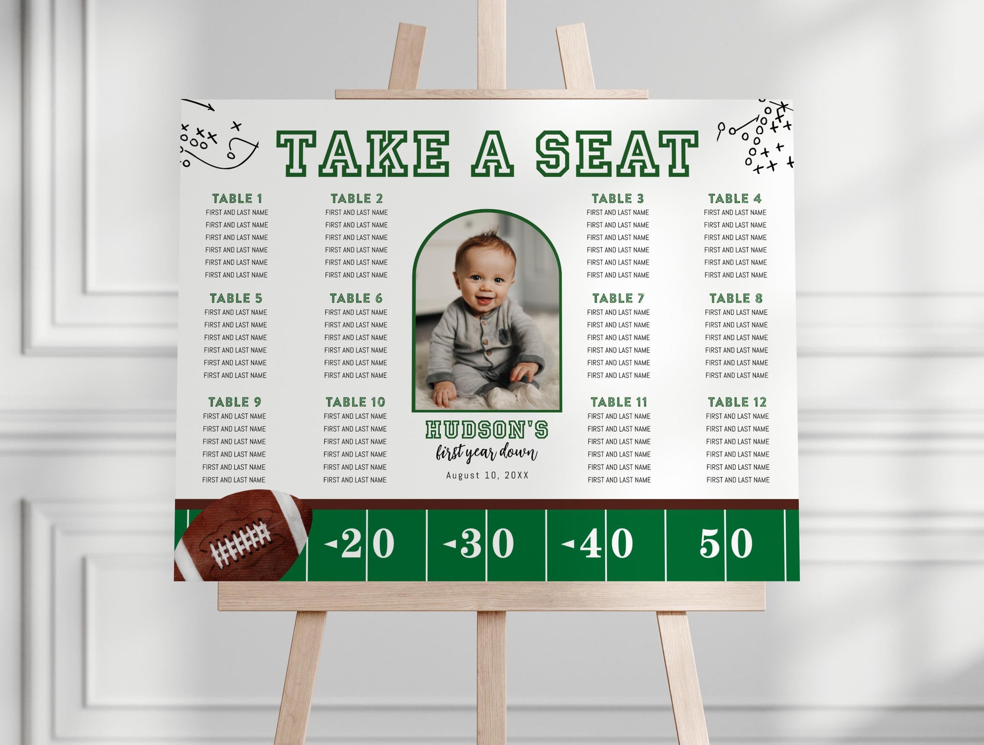 Football Party Seating Chart - First Year Down Birthday Party - Table Seating Chart Arrangement - EDITABLE Template - Printable