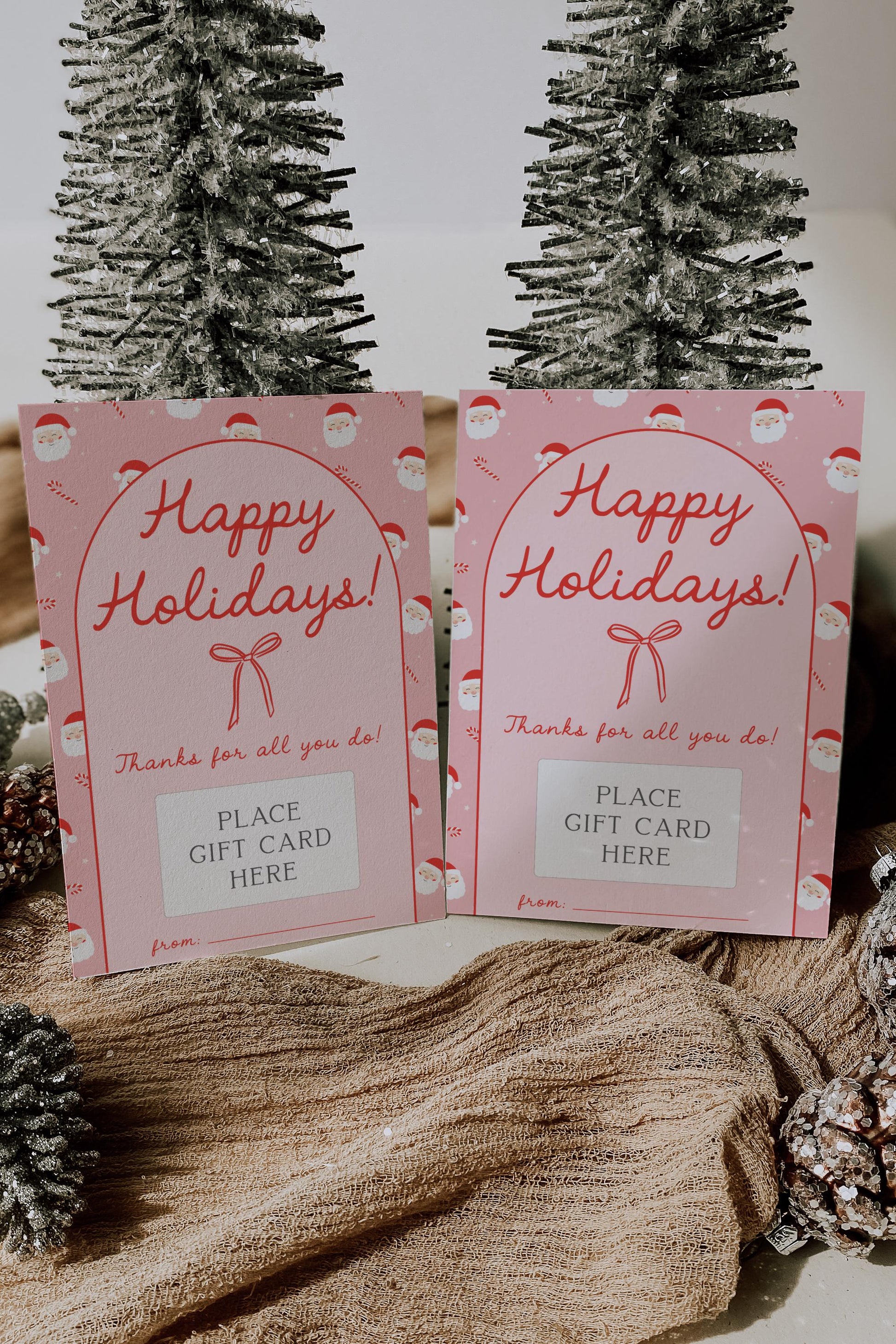 Pink Bow Christmas Gift Card Holder - Happy Holidays - Printable - Girl Christmas Present - Teacher Gift - INSTANT DOWNLOAD
