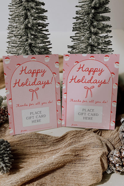 Pink Bow Christmas Gift Card Holder - Happy Holidays - Printable - Girl Christmas Present - Teacher Gift - INSTANT DOWNLOAD