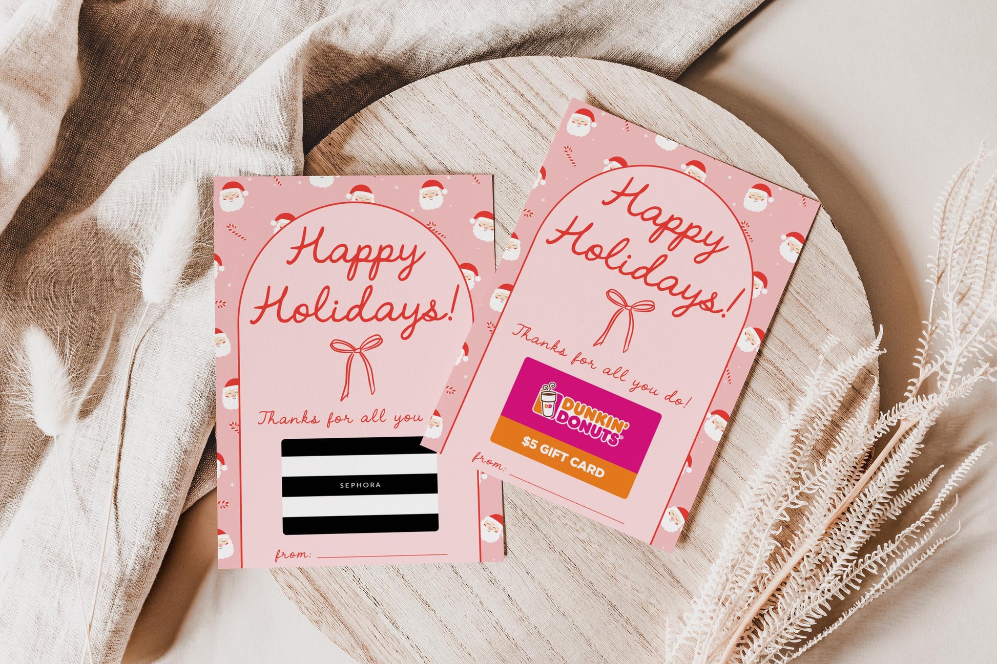 Pink Bow Christmas Gift Card Holder - Happy Holidays - Printable - Girl Christmas Present - Teacher Gift - INSTANT DOWNLOAD