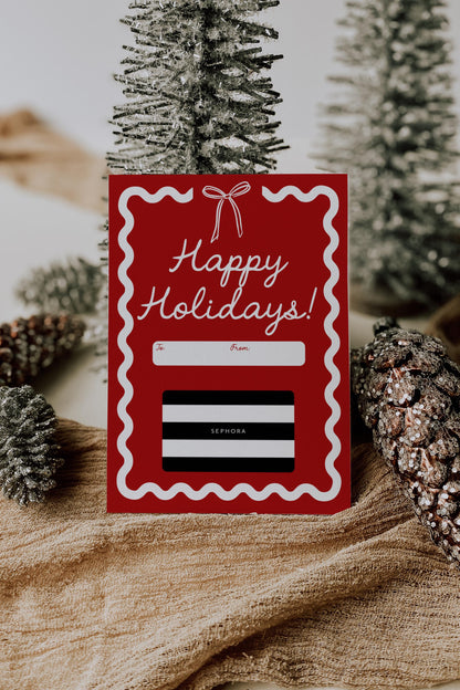 Bow Christmas Gift Card Holder - Happy Holidays - Wavy Border Red Bow Printable Present - Teacher Gift - INSTANT DOWNLOAD