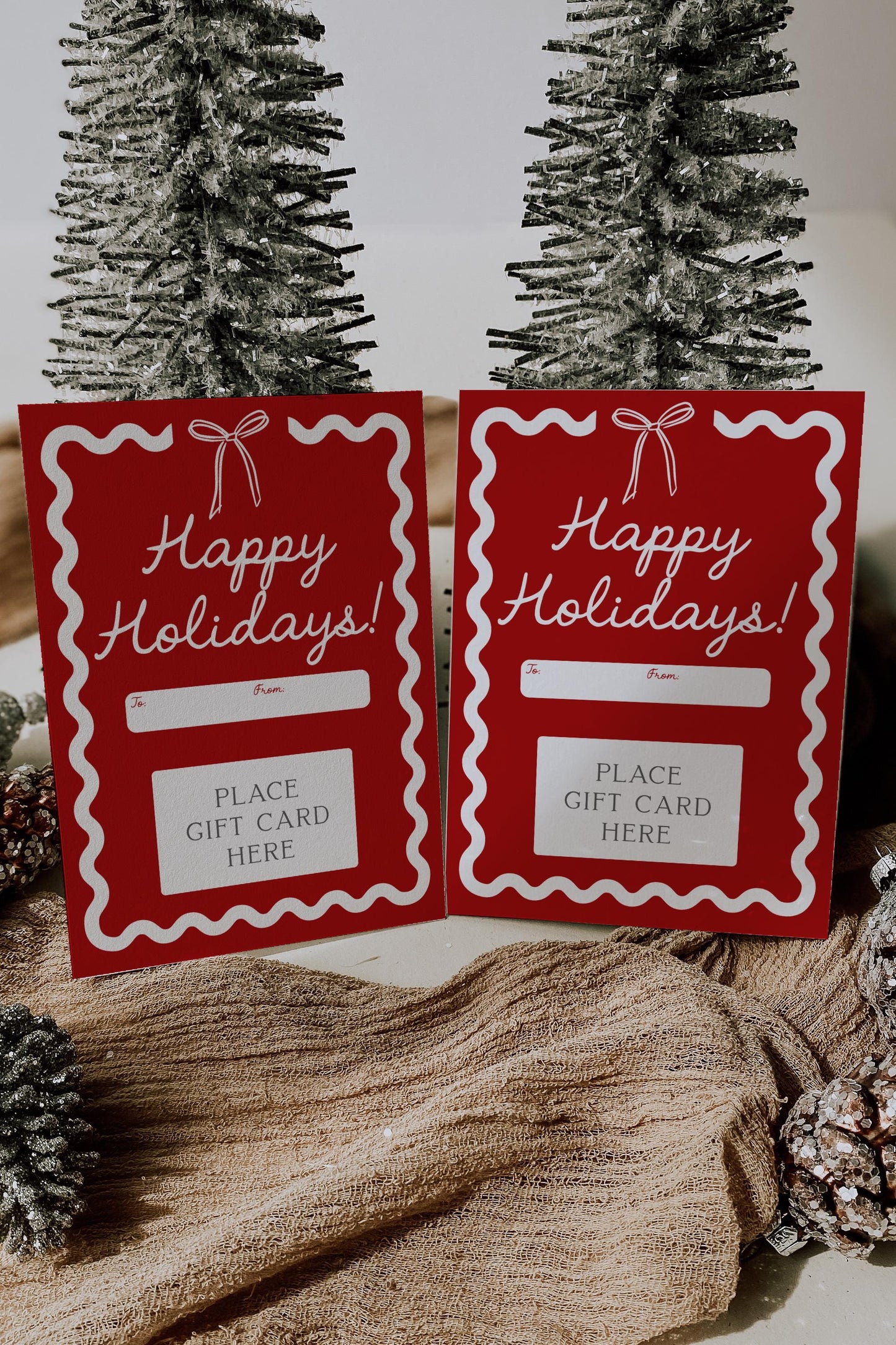 Bow Christmas Gift Card Holder - Happy Holidays - Wavy Border Red Bow Printable Present - Teacher Gift - INSTANT DOWNLOAD