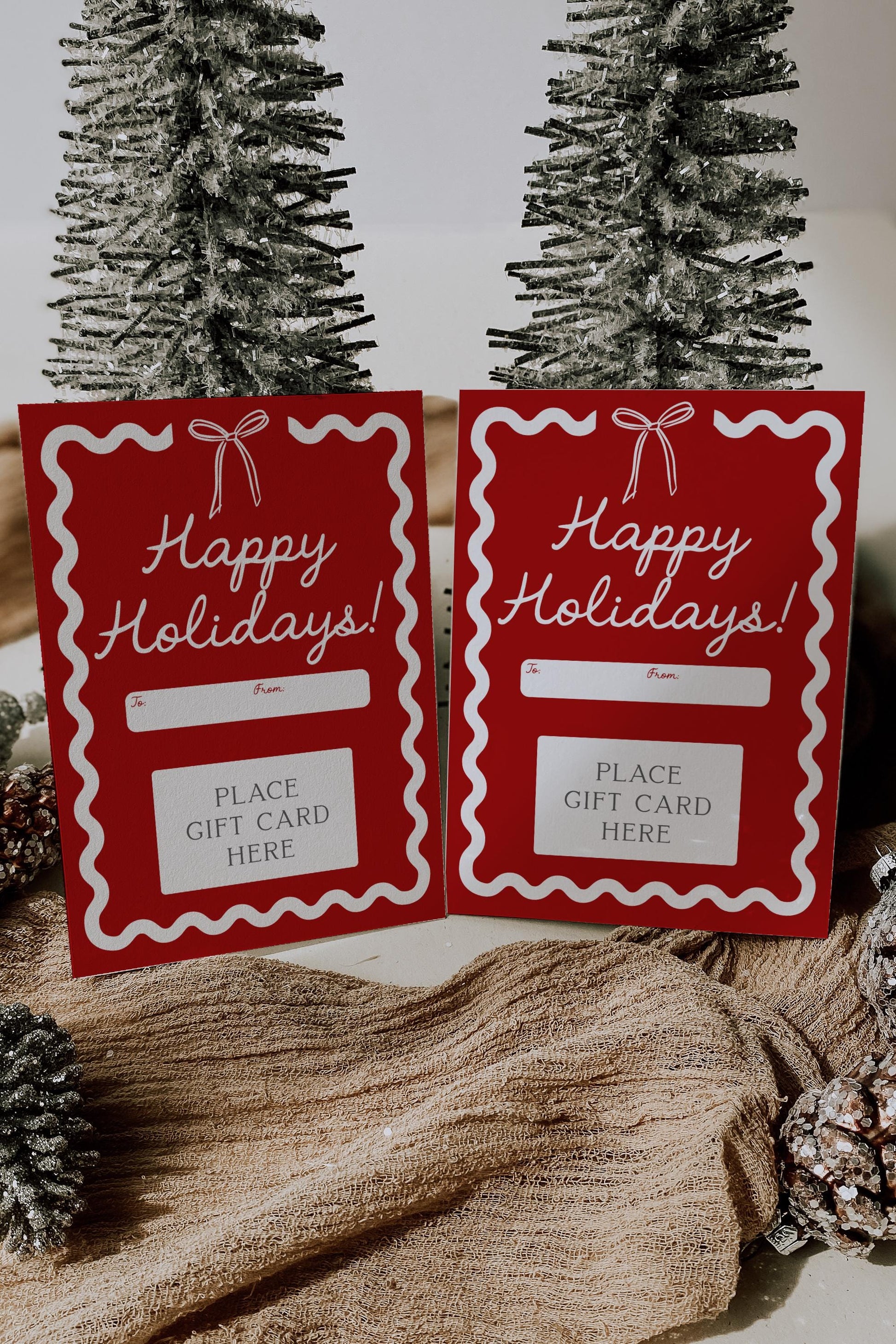 Bow Christmas Gift Card Holder - Happy Holidays - Wavy Border Red Bow Printable Present - Teacher Gift - INSTANT DOWNLOAD