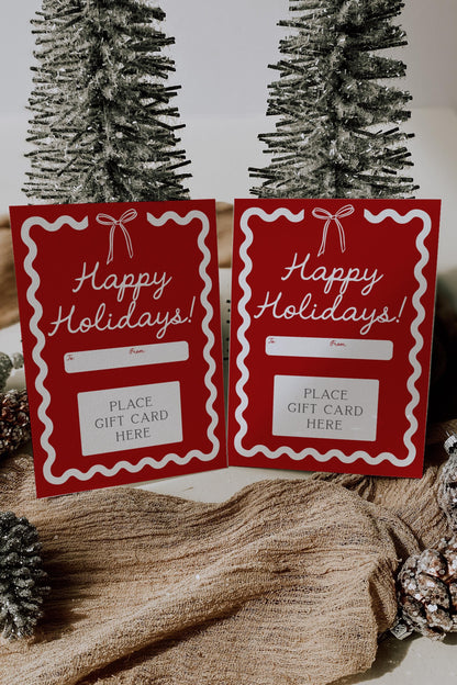 Bow Christmas Gift Card Holder - Happy Holidays - Wavy Border Red Bow Printable Present - Teacher Gift - INSTANT DOWNLOAD