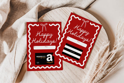 Bow Christmas Gift Card Holder - Happy Holidays - Wavy Border Red Bow Printable Present - Teacher Gift - INSTANT DOWNLOAD