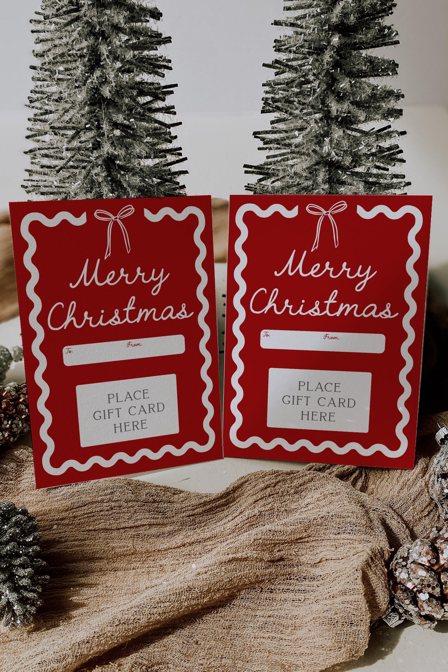 Bow Christmas Gift Card Holder - Merry Christmas Wavy Border Red Printable Present - Last Minute Gift - INSTANT DOWNLOAD
