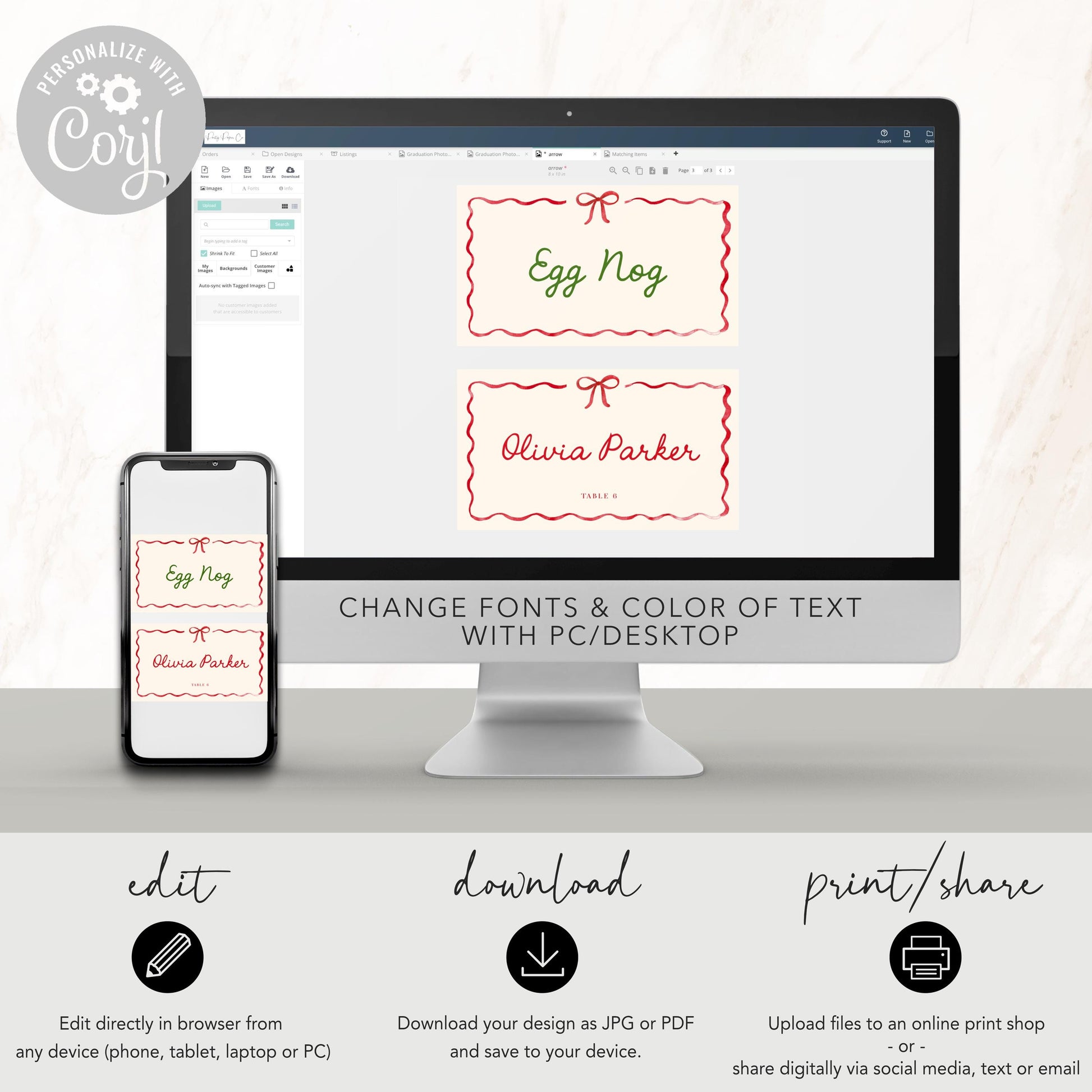 Christmas Red Bow Tent Card, Green Striped Place Cards, Holiday Party Buffet Card, Editable Label Template