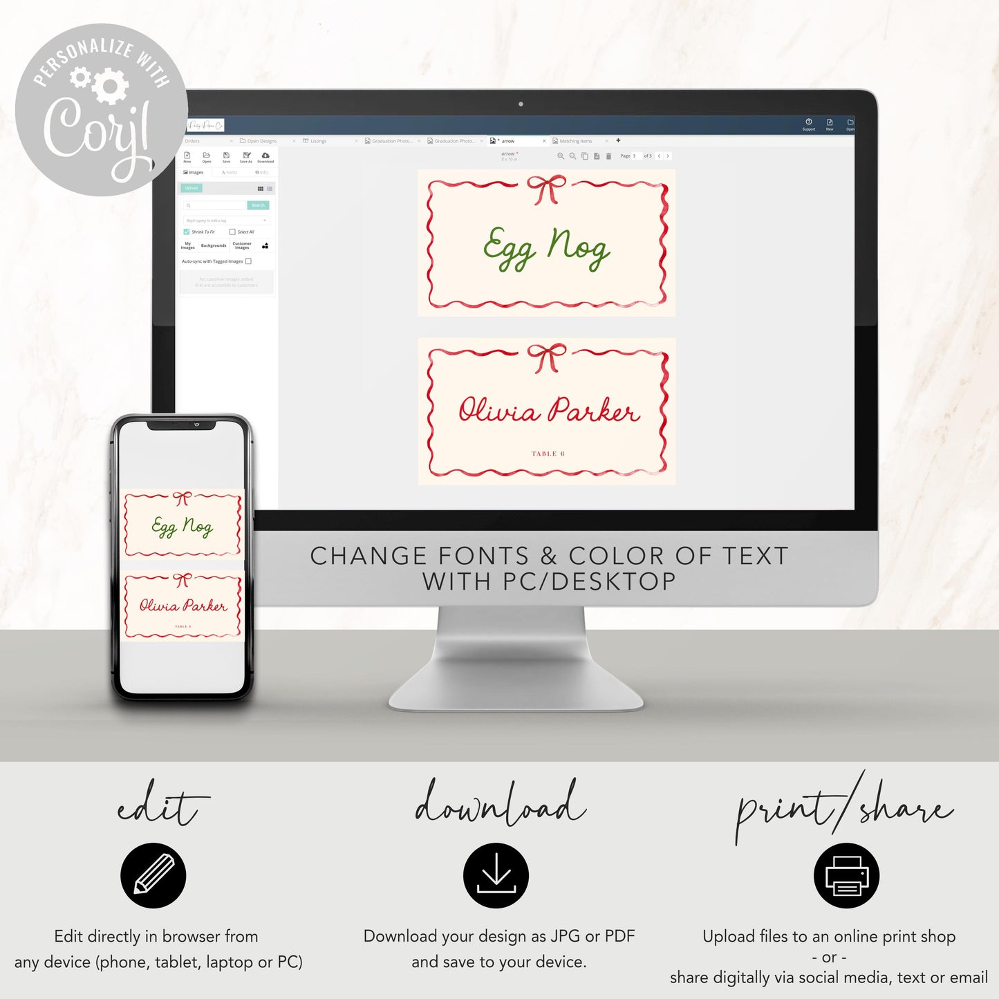 Bow Christmas Place Card, Striped Design Food Tent Cards, Holiday Party Buffet Card, Editable Label Template