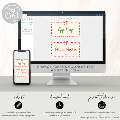 Bow Christmas Place Card, Striped Design Food Tent Cards, Holiday Party Buffet Card, Editable Label Template