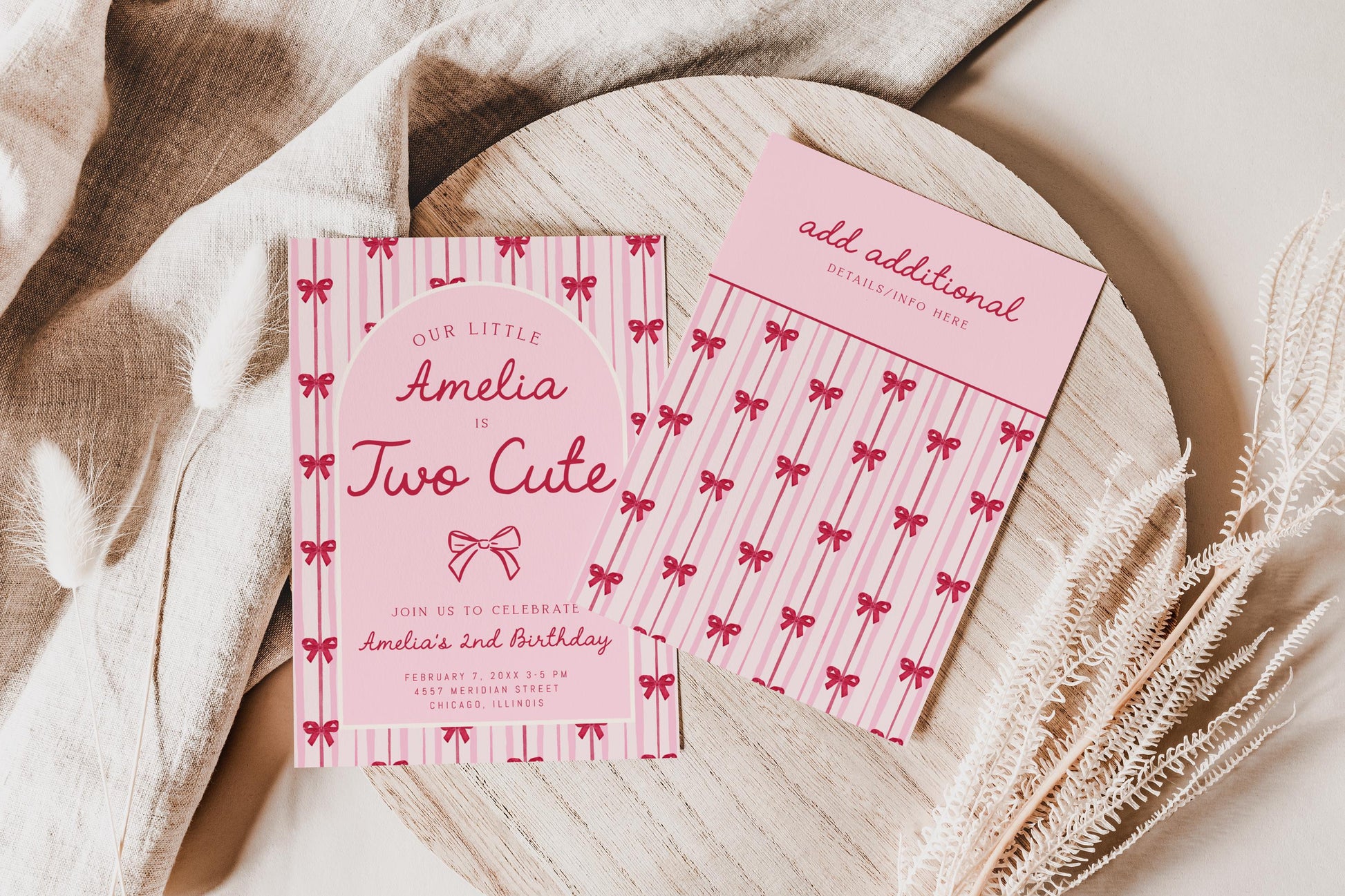 Two Cute Birthday Invitation, Pink Red Bow Birthday Invite, Girl 2nd Birthday, Coquette Party Invite, Editable Corjl Template