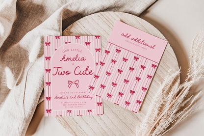 Two Cute Birthday Invitation, Pink Red Bow Birthday Invite, Girl 2nd Birthday, Coquette Party Invite, Editable Corjl Template