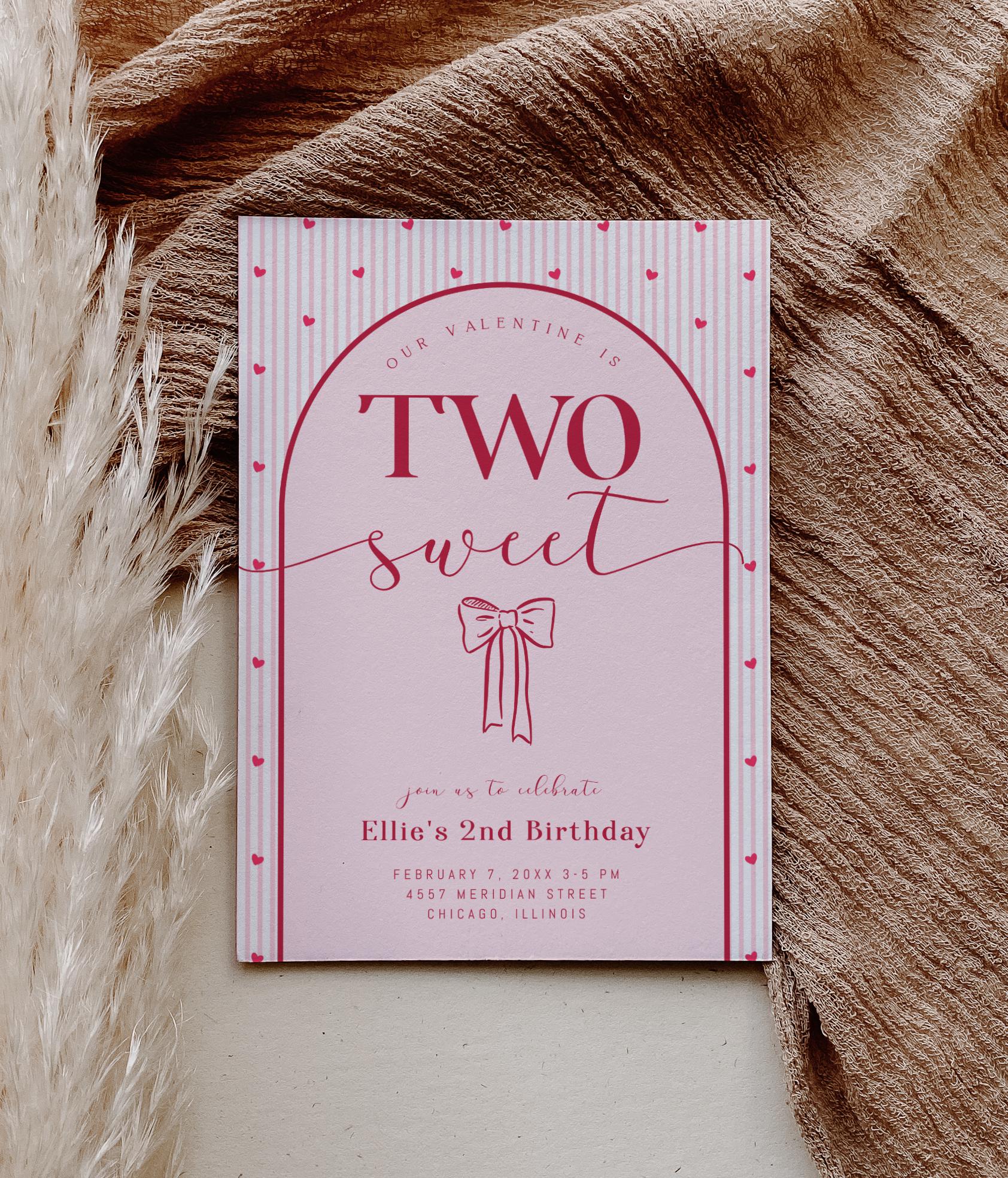 TWO Sweet Valentine Birthday Invitation - Pink Bow Invite - Hearts 2nd Birthday Party Printable - Editable Corjl Template