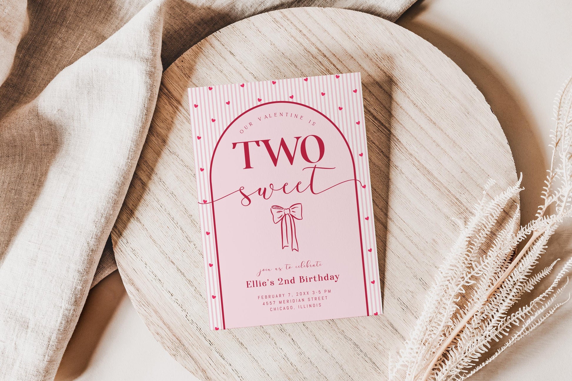 TWO Sweet Valentine Birthday Invitation - Pink Bow Invite - Hearts 2nd Birthday Party Printable - Editable Corjl Template