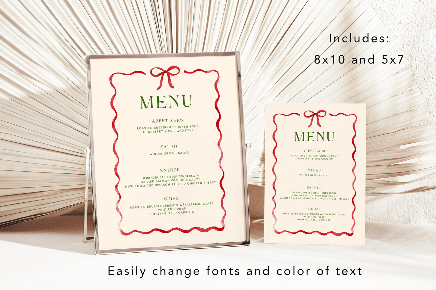 Editable Christmas Menu, Whimsical Red Ribbon Bow Holiday Party Sign - Canva Template