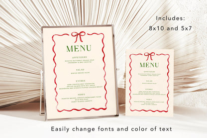 Editable Christmas Menu, Whimsical Red Ribbon Bow Holiday Party Sign - Canva Template