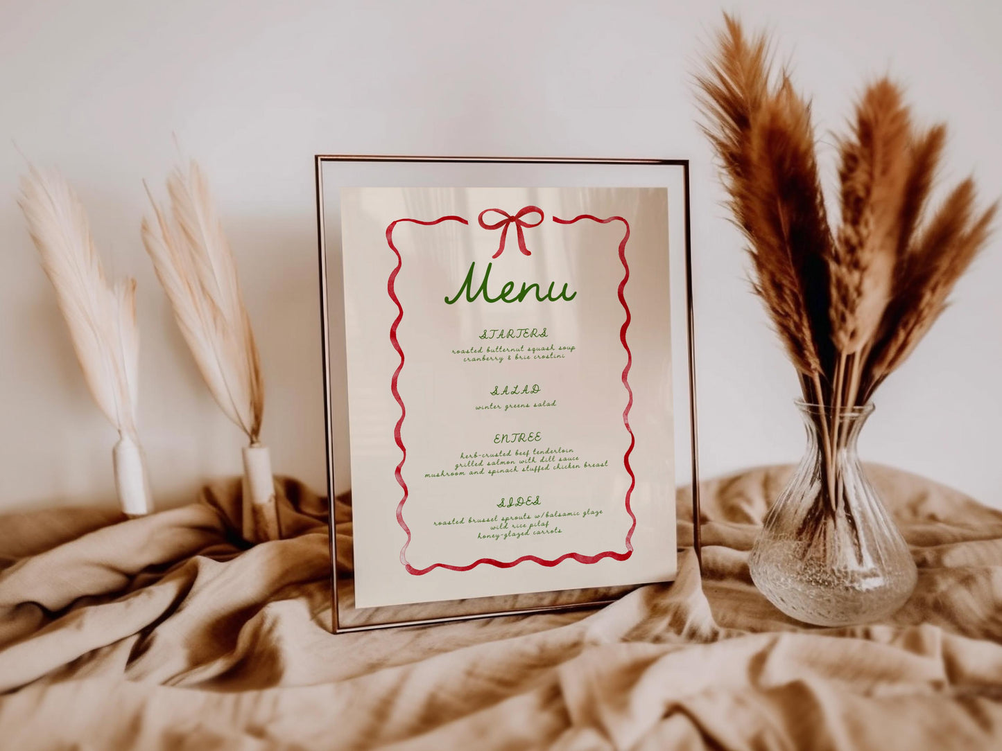 Editable Christmas Menu, Whimsical Red Ribbon Bow Holiday Party Sign - Canva Template