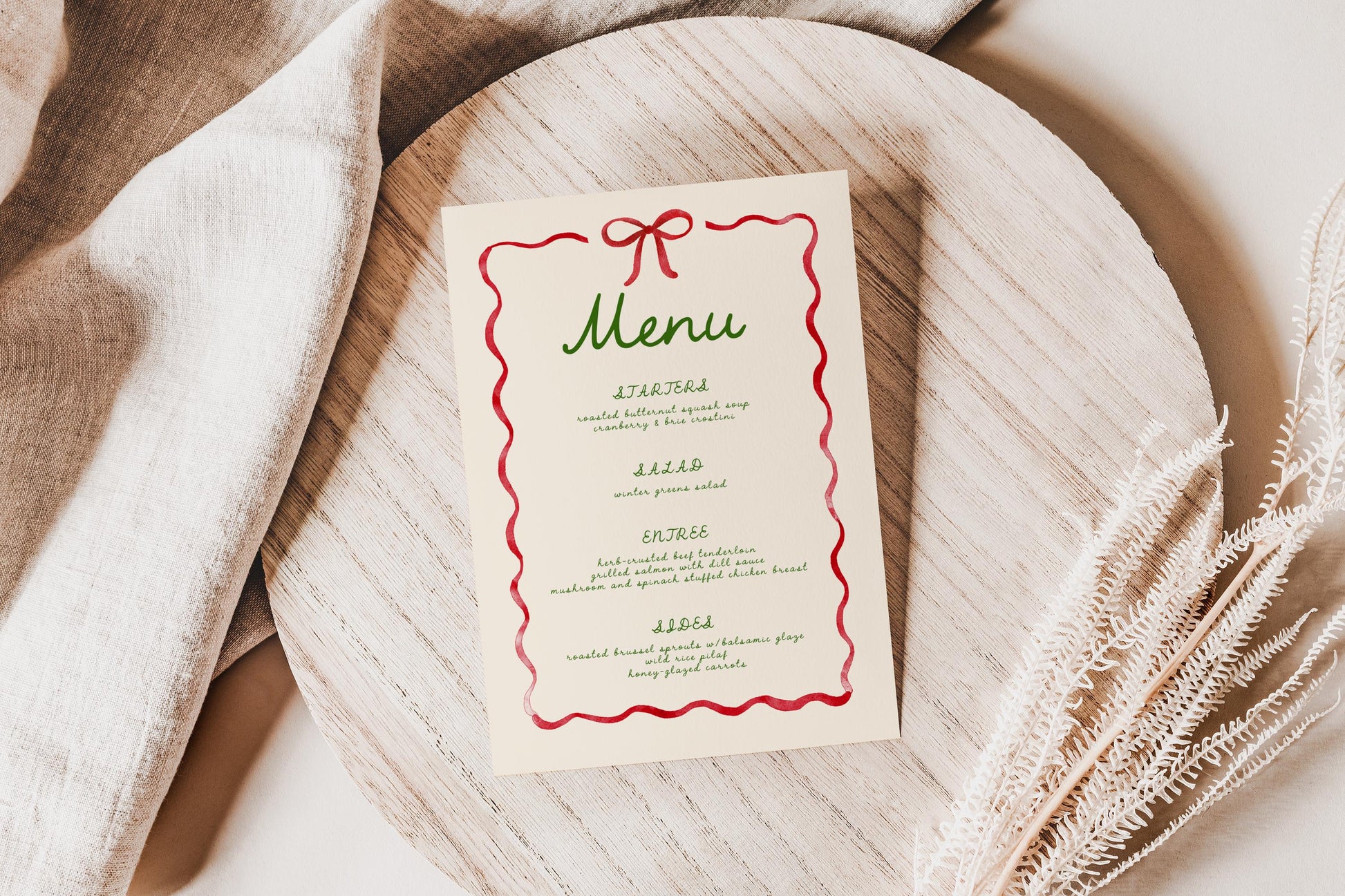 Editable Christmas Menu, Whimsical Red Ribbon Bow Holiday Party Sign - Canva Template