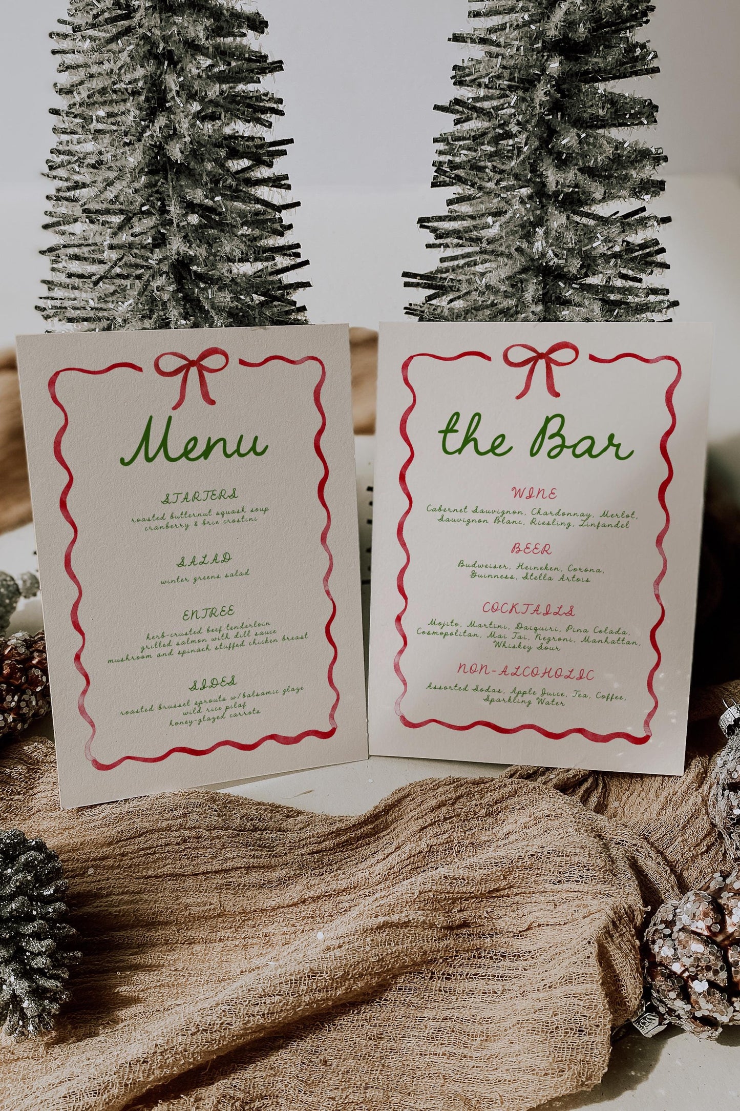 Editable Christmas Menu, Whimsical Red Ribbon Bow Holiday Party Sign - Bar Drink List - Canva Template