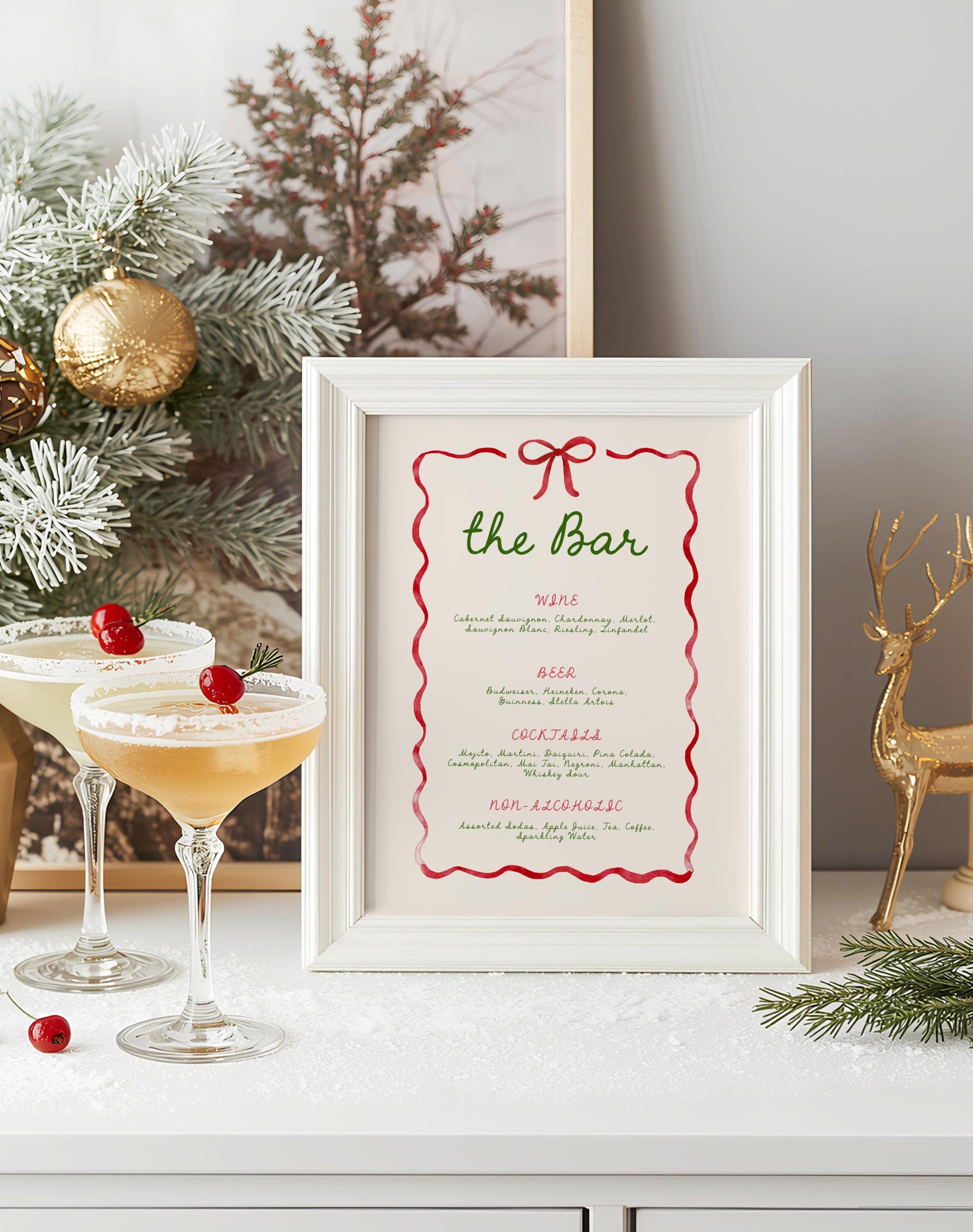 christmas bar drink menu in frame.  red wavy ribbon and bow border with green hand written font.