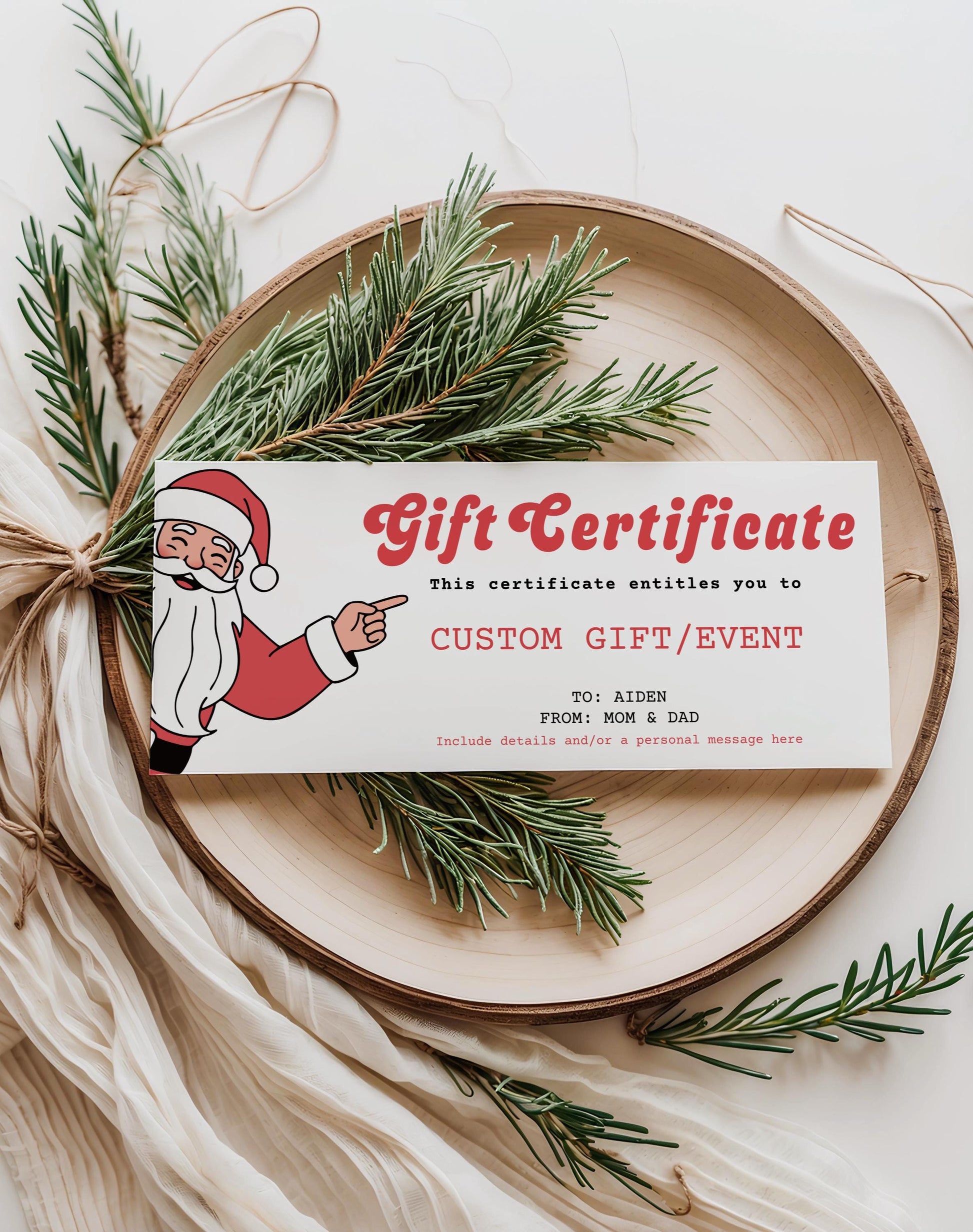 gift certificate ticket for any gift - template with santa graphic on left pointing to text.