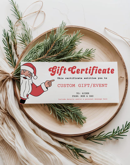 gift certificate ticket for any gift - template with santa graphic on left pointing to text.