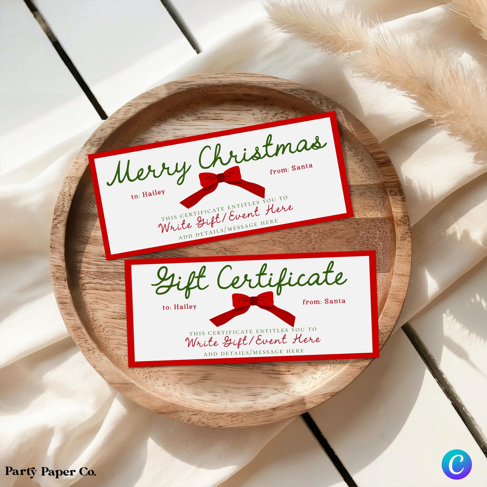 Editable Christmas Gift Certificate, Printable Gift Voucher, Custom Holiday Ticket, Coupon for Event or Experience, Canva Template