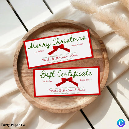 Editable Christmas Gift Certificate, Printable Gift Voucher, Custom Holiday Ticket, Coupon for Event or Experience, Canva Template