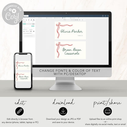 Bow Food Tent Cards, Holiday Place card, Custom Christmas Buffet Card, Editable Template