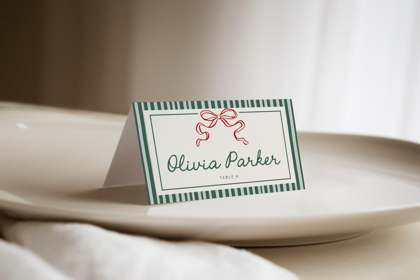 Bow Christmas Place Card, Striped Design Food Tent Cards, Holiday Party Buffet Card, Editable Label Template