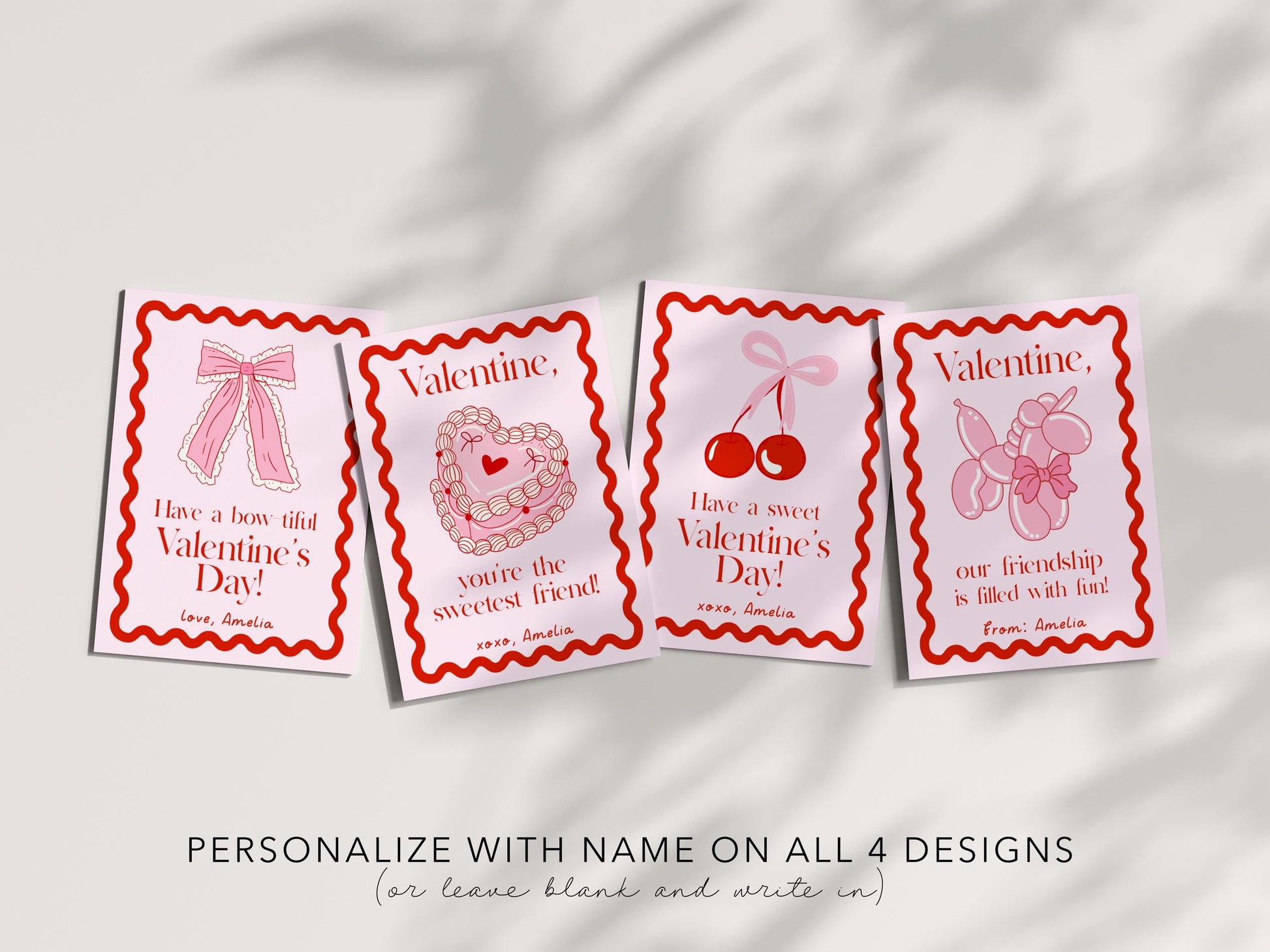 Girly Valentine - Coquette Bow Valentine Card, Editable Template - Cherry Aesthetic School Valentine Card - Printable Valentine for Girls