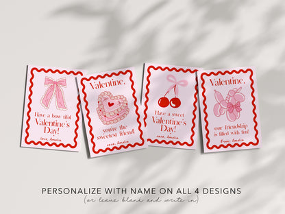 Girly Valentine - Coquette Bow Valentine Card, Editable Template - Cherry Aesthetic School Valentine Card - Printable Valentine for Girls