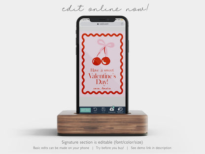 Girly Valentine - Coquette Bow Valentine Card, Editable Template - Cherry Aesthetic School Valentine Card - Printable Valentine for Girls