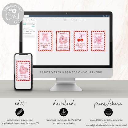 Girly Valentine - Coquette Bow Valentine Card, Editable Template - Cherry Aesthetic School Valentine Card - Printable Valentine for Girls