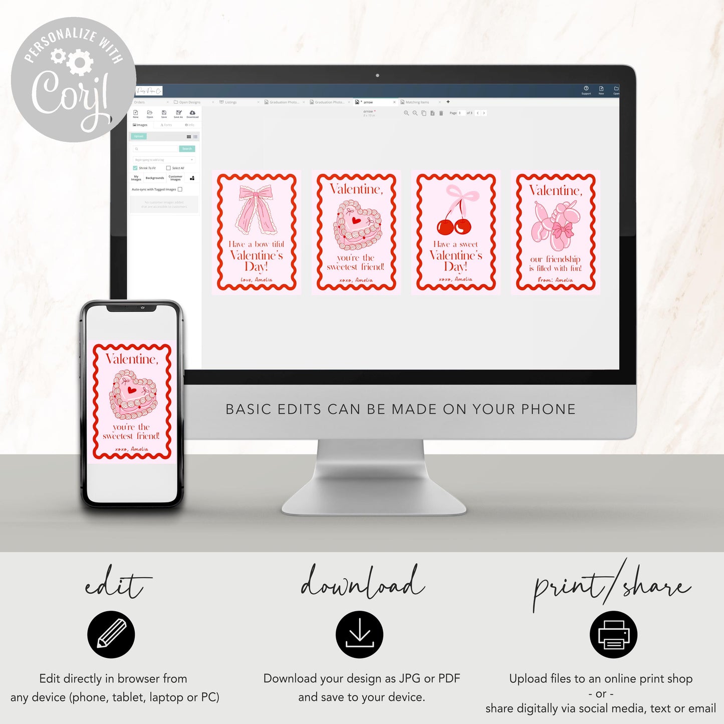 Girly Valentine - Coquette Bow Valentine Card, Editable Template - Cherry Aesthetic School Valentine Card - Printable Valentine for Girls