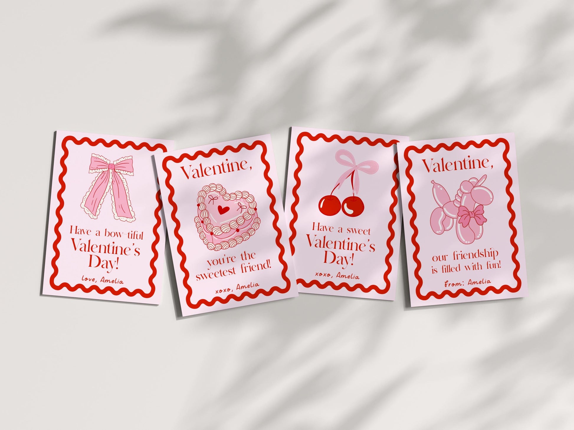 Girly Valentine - Coquette Bow Valentine Card, Editable Template - Cherry Aesthetic School Valentine Card - Printable Valentine for Girls