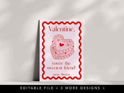 Girly Valentine - Coquette Bow Valentine Card, Editable Template - Cherry Aesthetic School Valentine Card - Printable Valentine for Girls