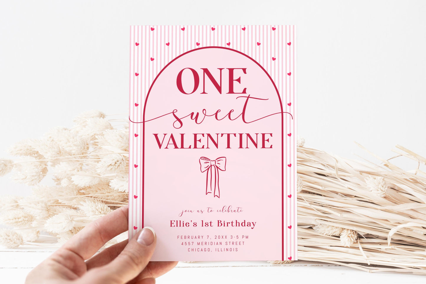 ONE Sweet Valentine First Birthday Invitation - Pink Bow Invite - Hearts 1st Birthday Party Printable - Editable Corjl Template